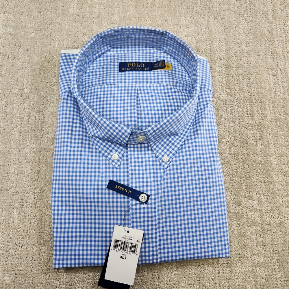 Polo Ralph Lauren Shirt Men 4XLT Gingham Check Blue Stretch Poplin Button Down